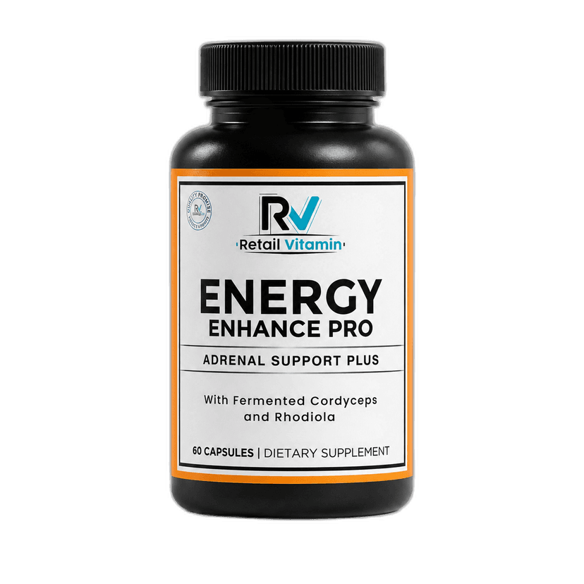 Energy Enhance Pro Daily Supplement - 60 Capsules bottle with white and blue RetailVitamin label