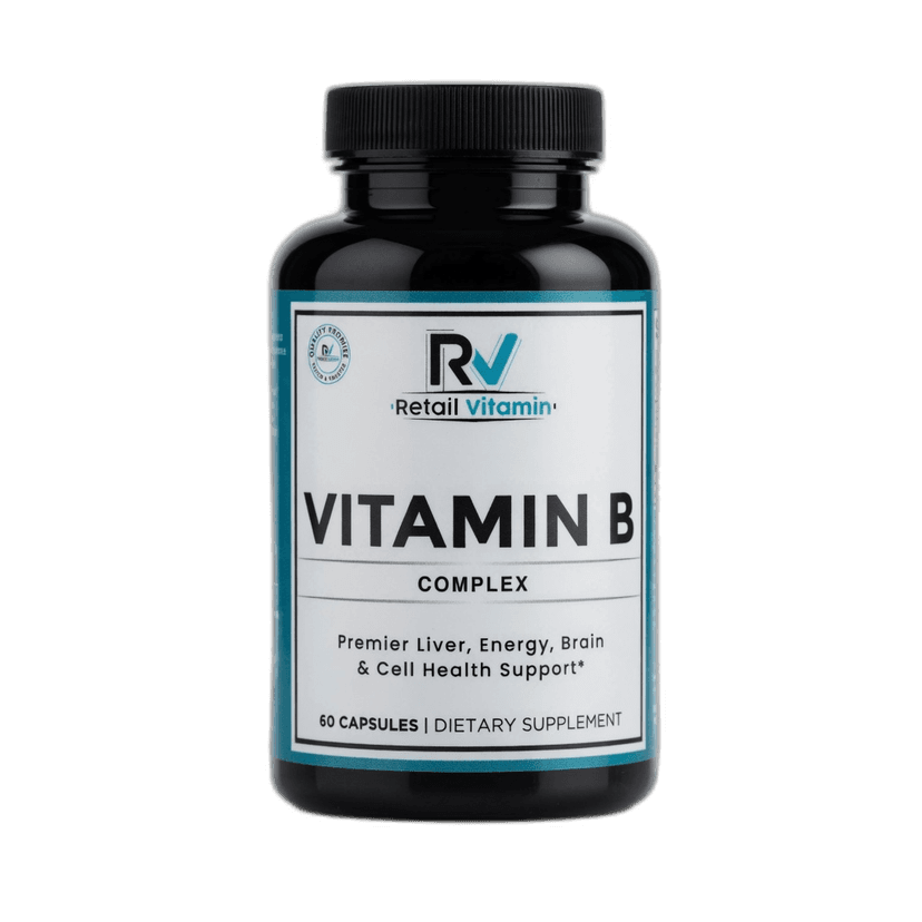 Vitamin B Complex 60-Capsule Advanced Formula bottle – teal RetailVitamin label supporting energy and brain health