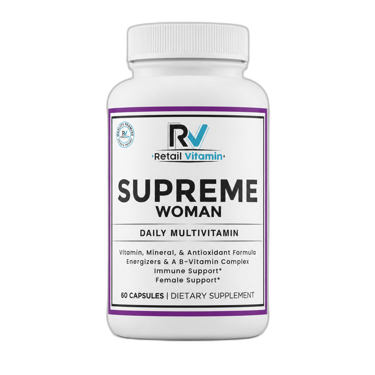 Supreme Woman 60-Capsule Women's Multivitamin bottle – white and purple-blue RetailVitamin label for daily nutrient support